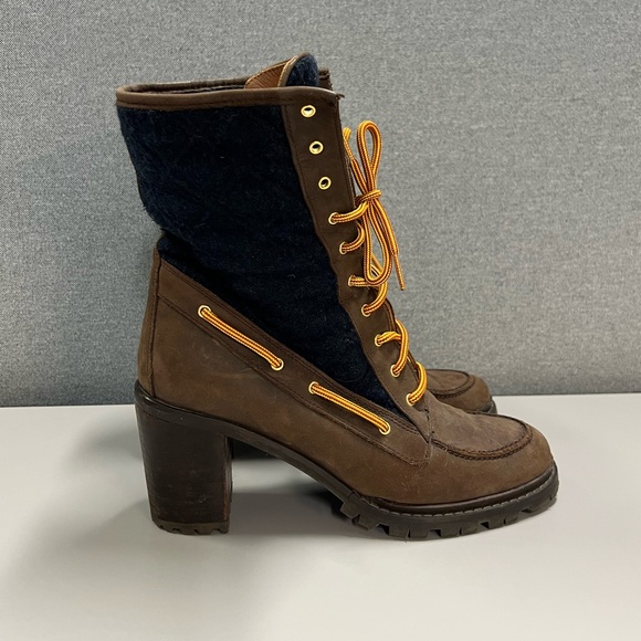 Hunter Henson Boots Navy Quilted Brown Oiled Leather Heeled Size 38 - Picture 2 of 14